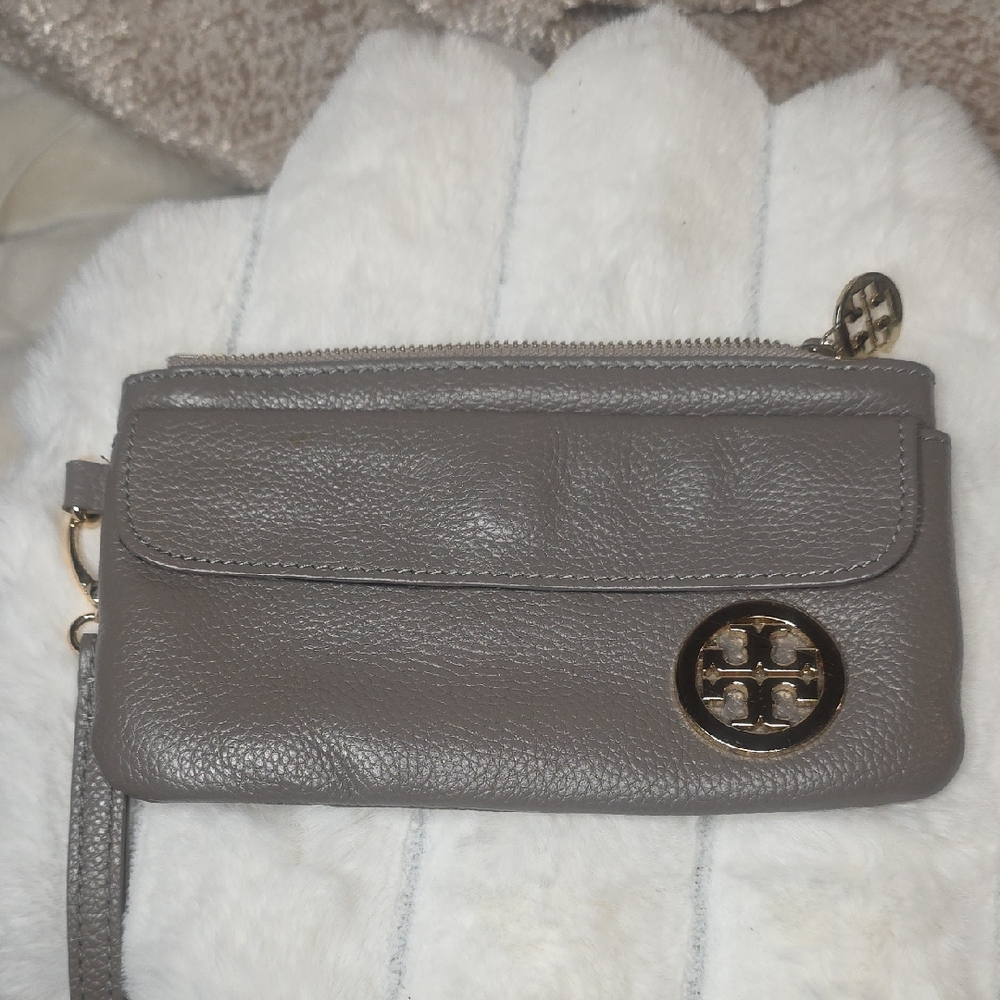 Tory Burch Taupe Leather Wristlet with Gold Logo